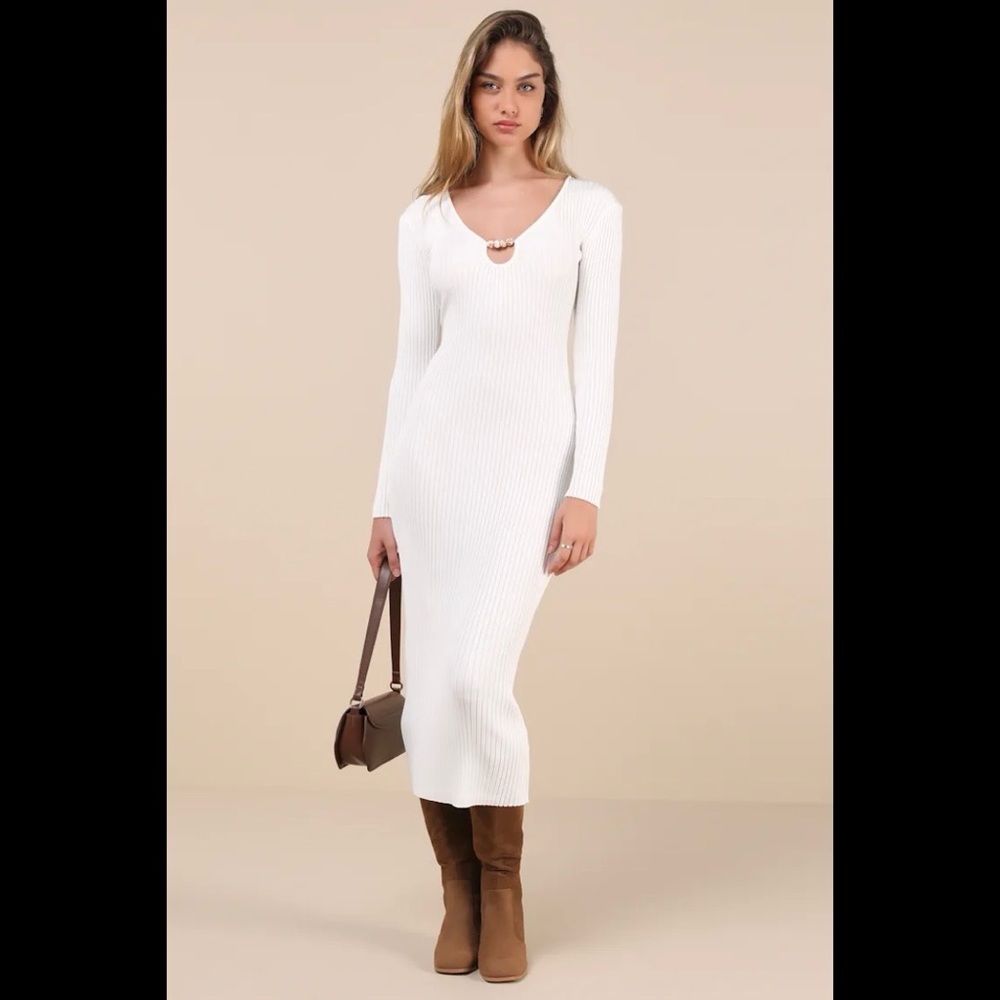 NWT GLAMOROUS Pristine Energy Ivory Ribbed Beaded Long Sleeve Maxi Dress